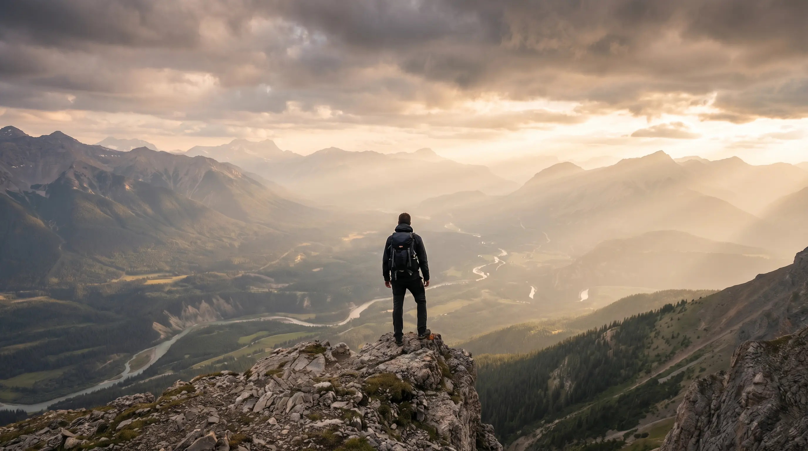 Person standing on mountain cliff overlooking freedom