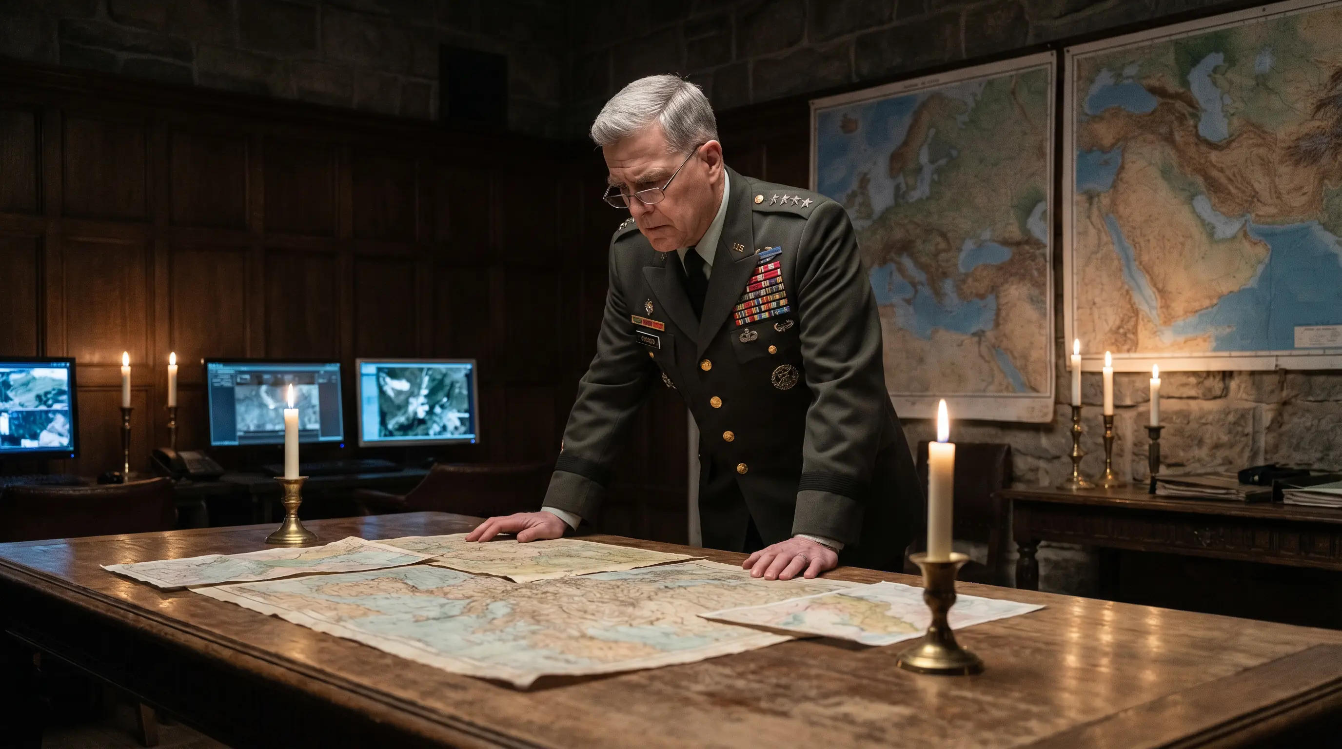 Military general studying maps in war room